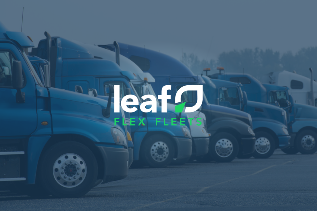 A line of trucks with an overlay of the Leaf Flex Fleets Logo